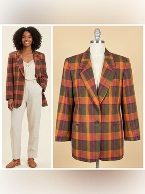 80s Vintage Pappagallo Blazer Size 12 Bold Plaid Single Button Structured Jacket